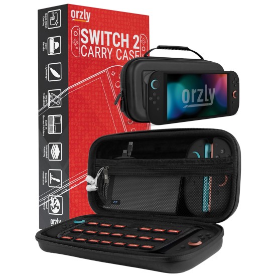 Orzly Carry Case for Nintendo Switch 2 (2025) Hard Shell Travel Case with Screen Padding, Game Cards and microSD Slots with Zipped and Open Pockets for Accessories - Gift Box Edition 